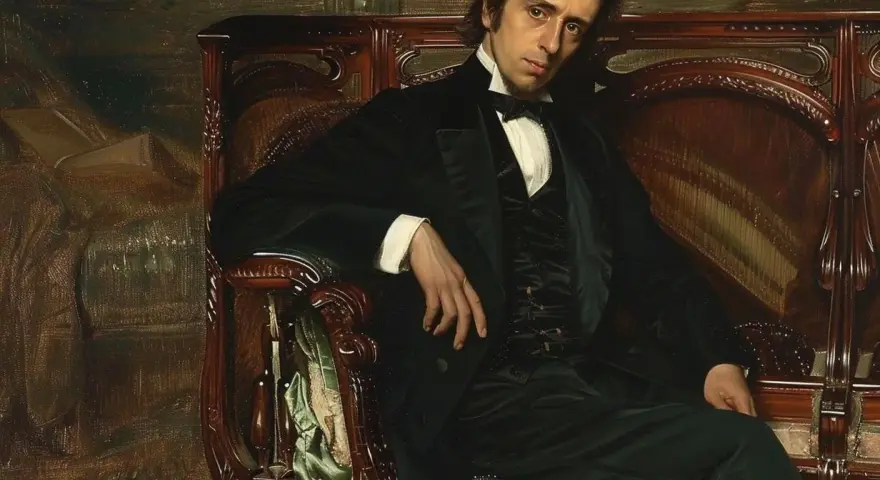 Portret Fryderyka Chopina, który inspiruje do poznania jego bogatego życiorysu. Kompozytor w eleganckim stroju siedzi na fotelu.