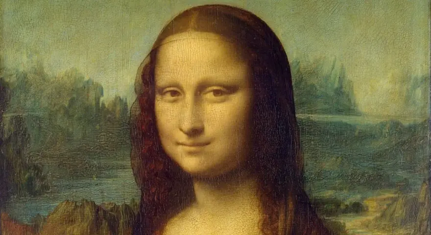 Portret Mony Lisy, arcydzieło o nieocenionej wartości artystycznej i historycznej, z tajemniczym uśmiechem na tle krajobrazu.