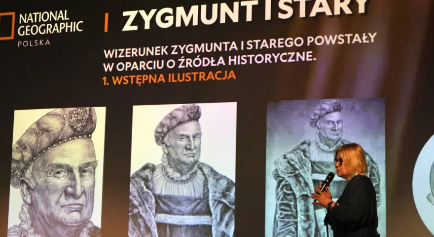 Portret Zygmunta Starego, jednego z królowie z dynastii jagiellonów, przedstawiony na ekranie.