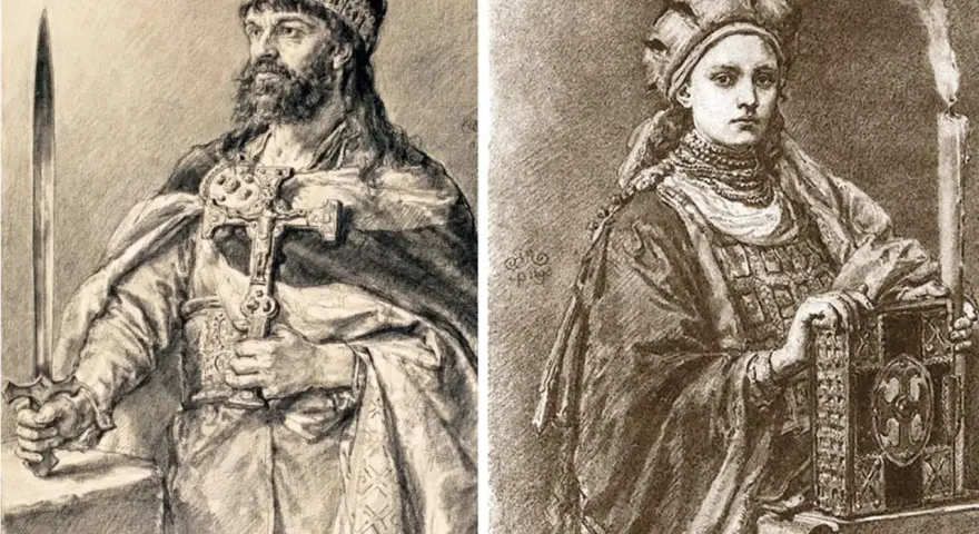 Król z mieczem i krzyżem, obok niego jego żona mieszka 1, z księgą i świecą.