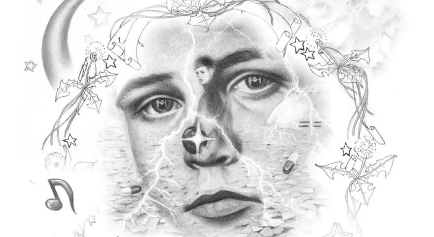 Surrealistyczny portret z elementami nawiązującymi do Yung Lean Polska: księżyc, gwiazdy, błyskawice, muzyka i małe postacie.