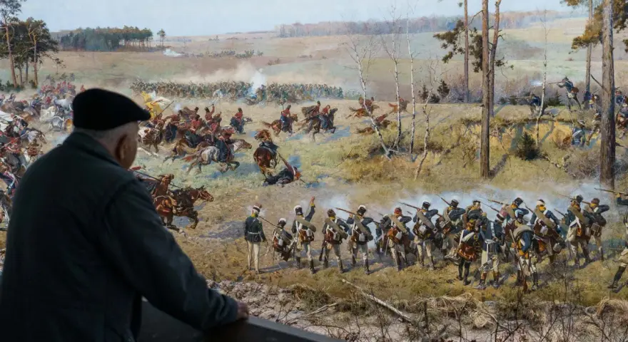 Widok na bitwę z obrazu "Panorama Racławicka", namalowanego przez Jana Styke i Wojciecha Kossaka.