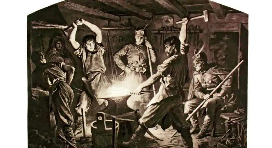 Kowale pracują w kuźni, przygotowując broń. Obrazy te przypominają o powstaniu styczniowym i determinacji walczących.