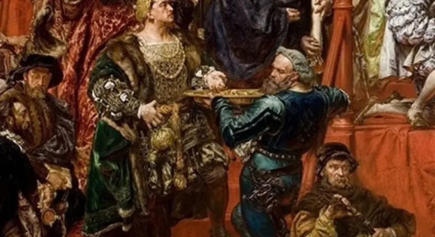 Hołd pruski Matejki: Albrecht Hohenzollern klęka przed Zygmuntem I Starym. Bogate stroje i dramatyzm sceny.