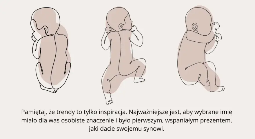 Trzy rysunki noworodków w stylu line art. Wybór imion na "R" dla syna to ważna decyzja.