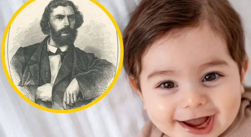 Uśmiechnięte dziecko obok portretu mężczyzny. Czy to zapowiedź, że Roman znaczenie imienia będzie miał silne?