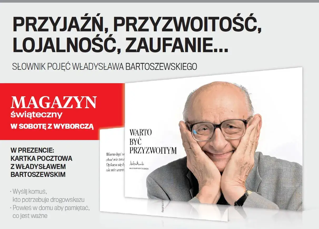 Uśmiechnięty Władysław Bartoszewski z dłońmi przy policzkach. Nagł&oacute;wek głosi: 