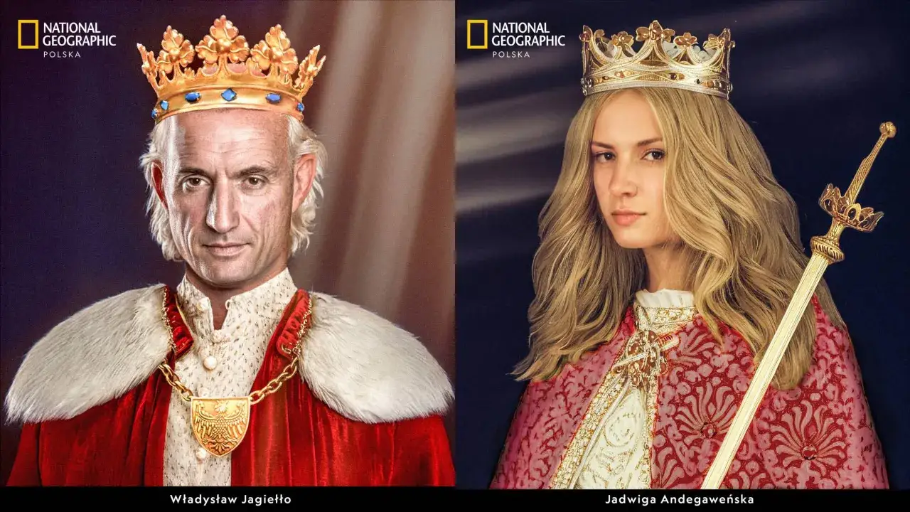 Władysław Jagiełło i Jadwiga Andegaweńska, królowie z dynastii Jagiellonów, w królewskich szatach i koronach.