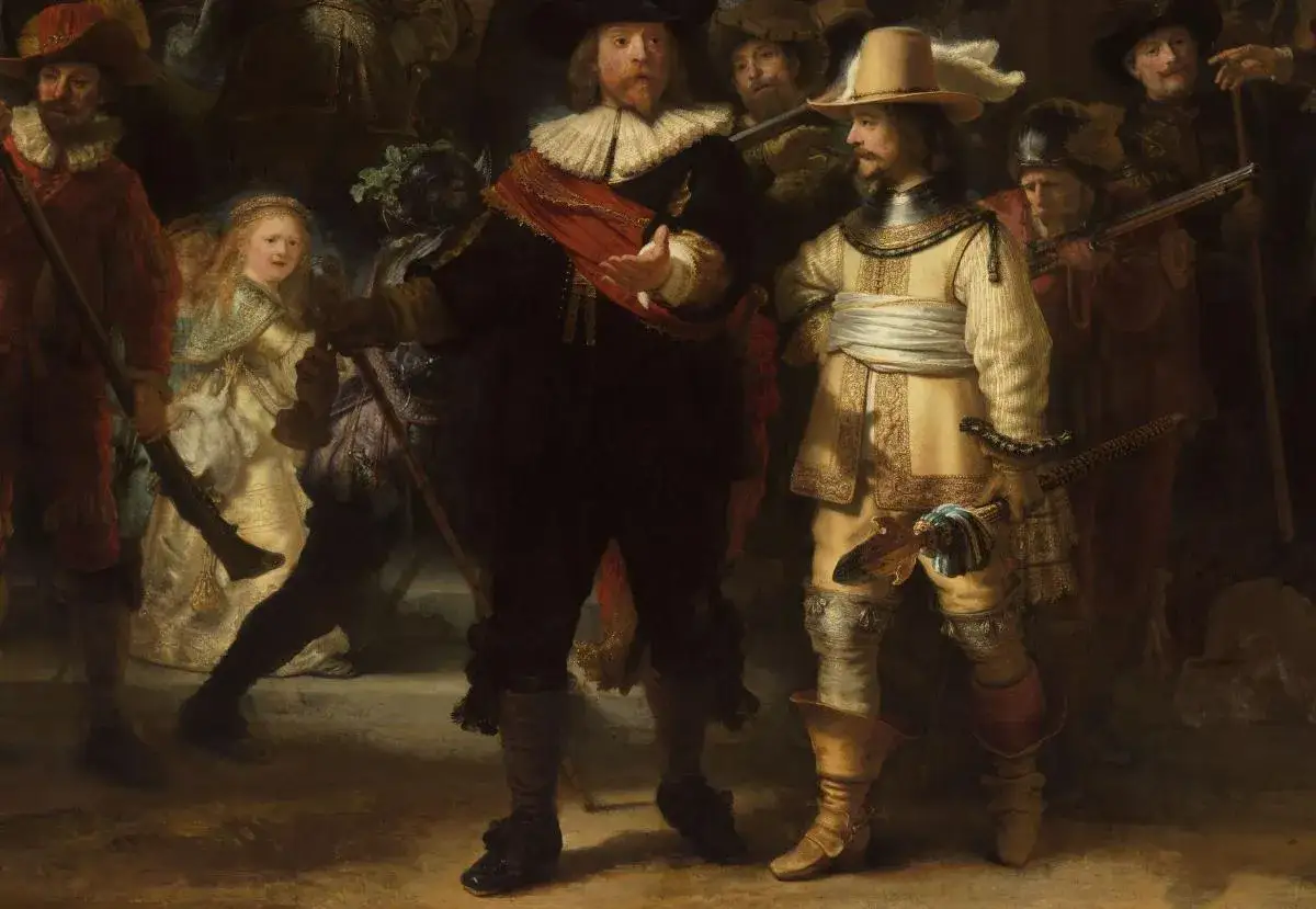 Rembrandt, Straż Nocna: Kapitan Frans Banninck Cocq i porucznik Willem van Ruytenburch prowadzą kompanię.
