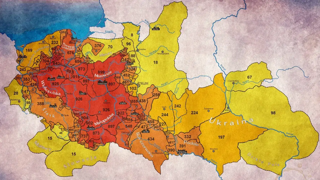 Mapa Polski z zaznaczonymi regionami i datami, kiedy zniesiono pańszczyznę w Polsce.