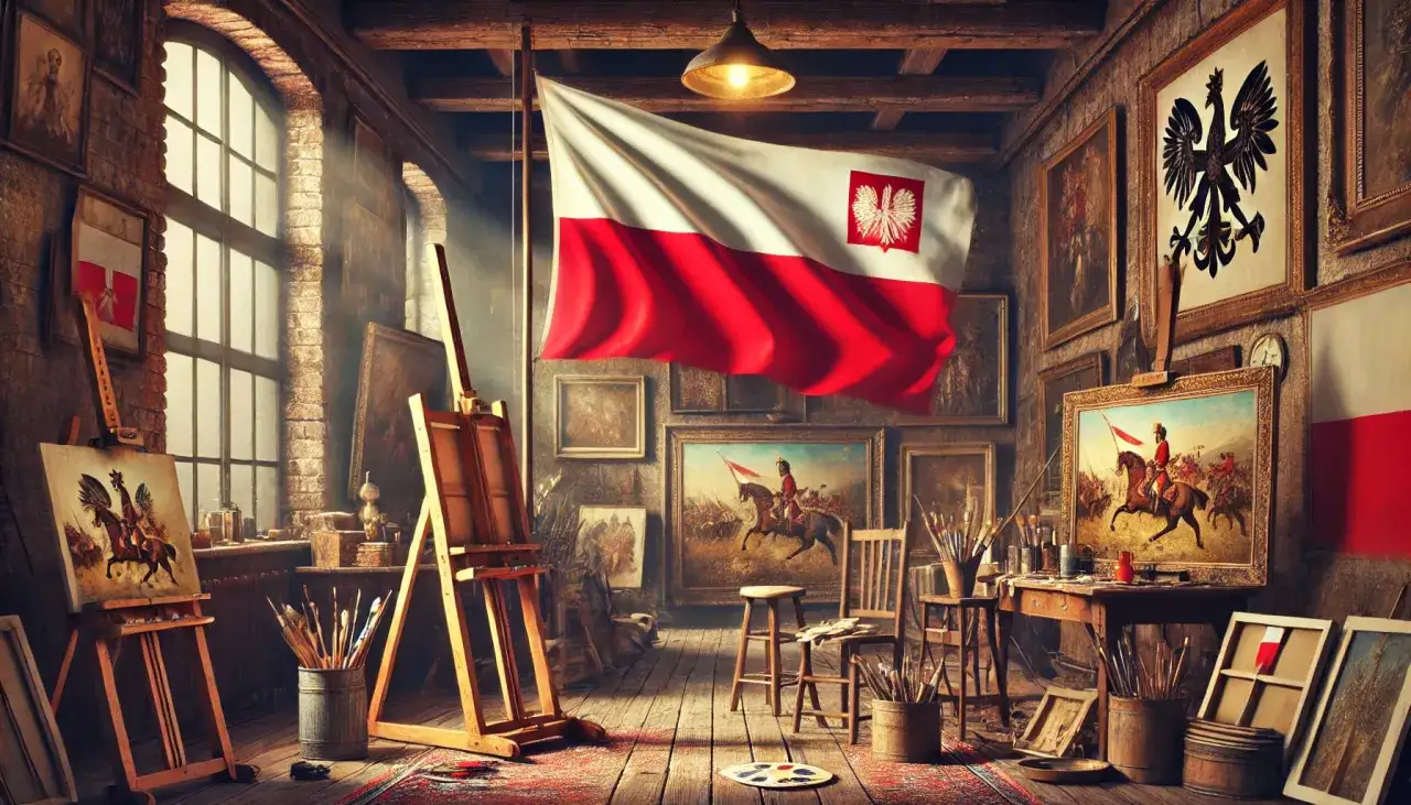 Pracownia artystyczna pełna obraz&oacute;w, sztalug i polskiej flagi. W powietrzu unosi się duch sztuki dwudziestolecia międzywojennego.