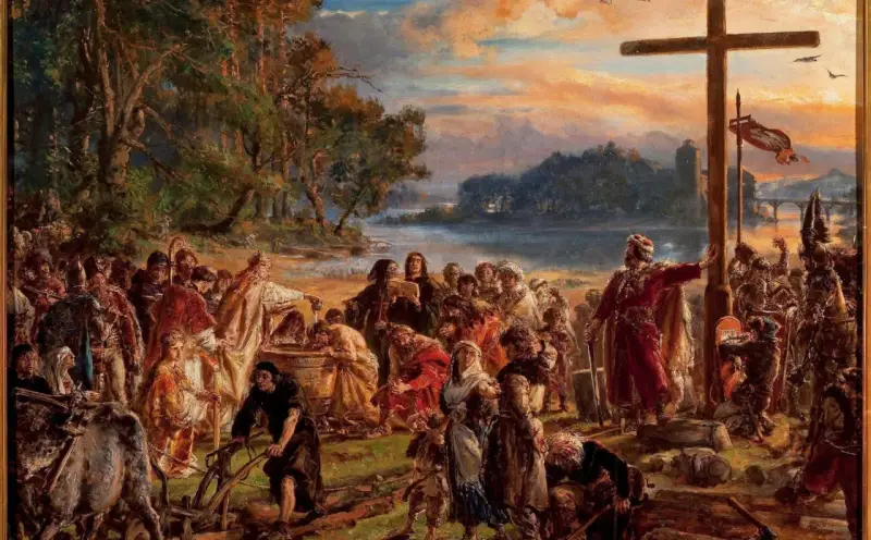 Chrzest Mieszka I. Obraz Jana Matejki. W tle widać wodza, który przypomina, kim był Chlodwig, pierwszy król Franków, który przyjął chrzest.