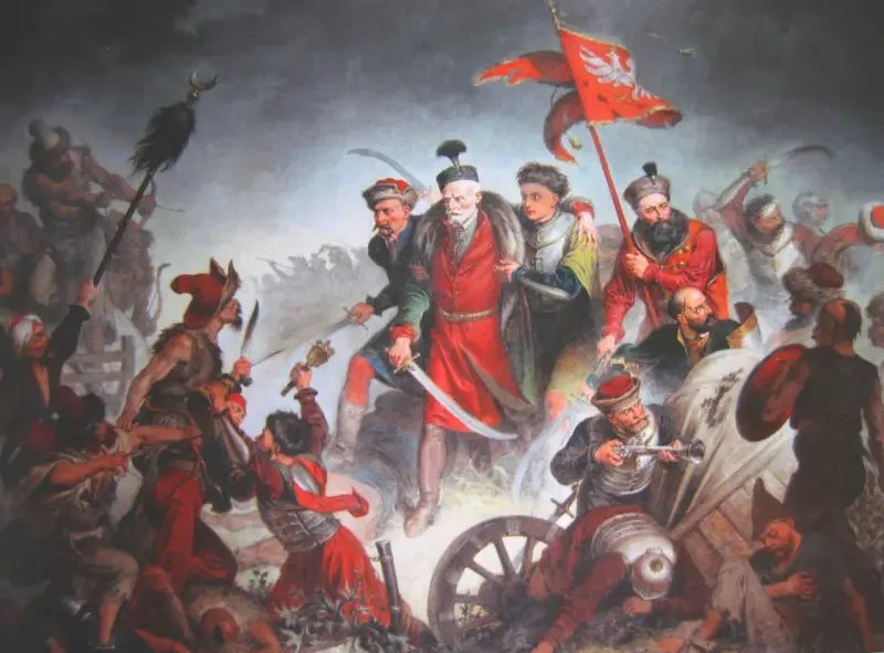 Bitwa pod Chocimiem 1621: Polacy z chorągwią zwyciężają. Dynamiczna scena walki, szable, broń palna, żołnierze w barwnych strojach.