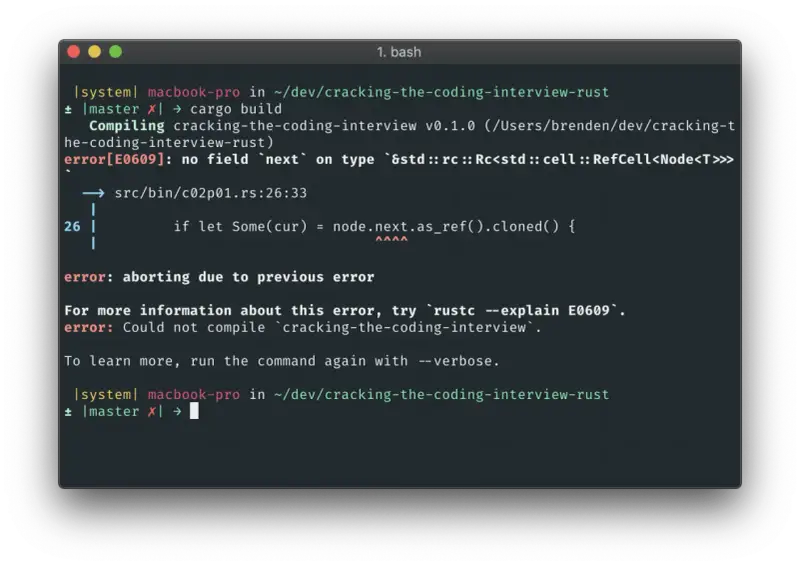 Błąd kompilacji Rust: "no field `next` on type". Co znaczy WTF? Komputer próbuje zbudować projekt, ale napotyka problem z brakiem pola `next`.